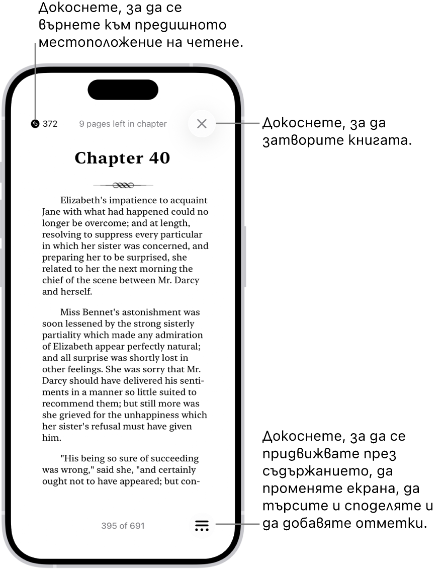 Страница от книга в приложението Книги. В горната част на екрана са бутоните за връщане към страницата, от която сте започнали да четете, и за затваряне на книгата. В долната дясна част на екрана е бутонът Меню.