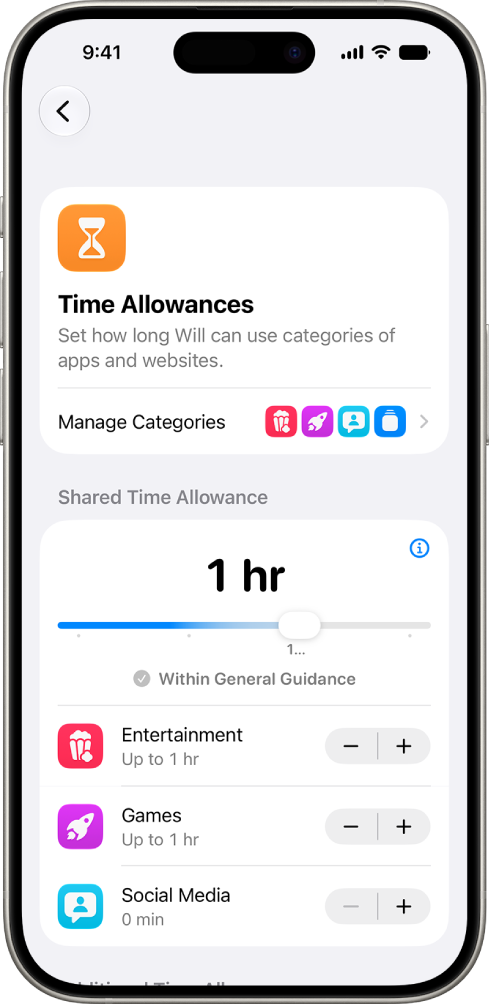 The Time Allowances screen showing app categories like Entertainment, Games, and Social Media.