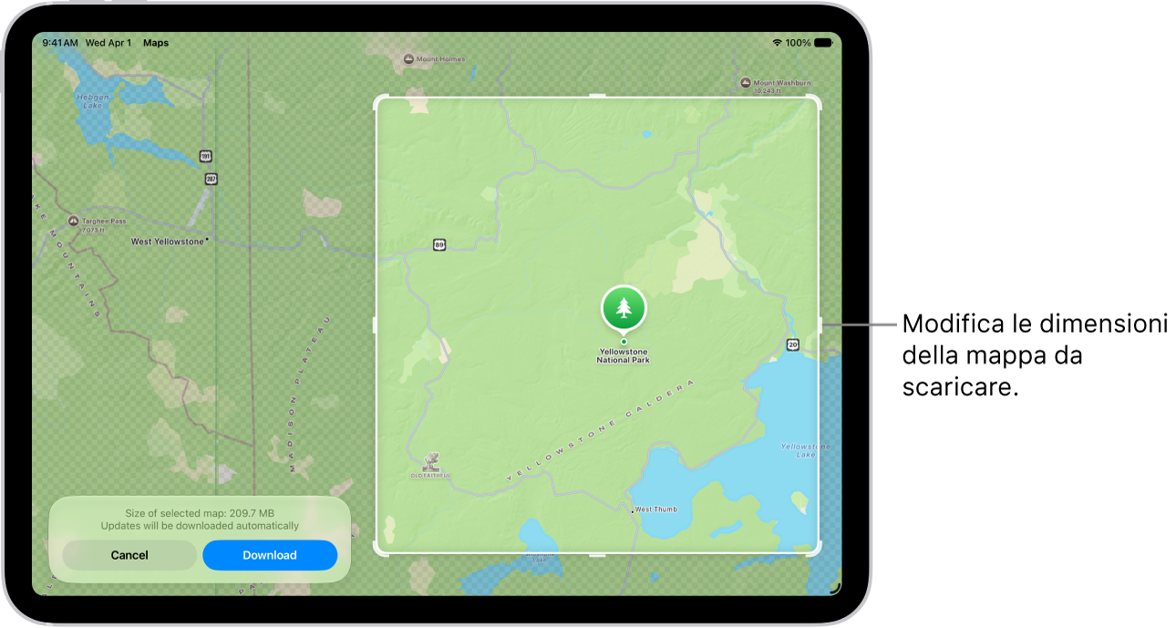 La mappa di un parco nazionale su iPad. Il parco è incorniciata all’interno di un rettangolo con delle maniglie, che possono essere spostate per modificare le dimensioni della mappa da scaricare. Le dimensioni del download della mappa selezionata sono indicate nella parte inferiore della mappa. Nella parte inferiore dello schermo sono presenti i pulsanti Annulla e Download.