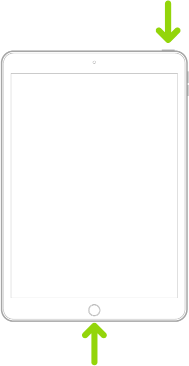 Một iPad có nút Home. Các mũi tên trỏ đến nút Home và nút nguồn.