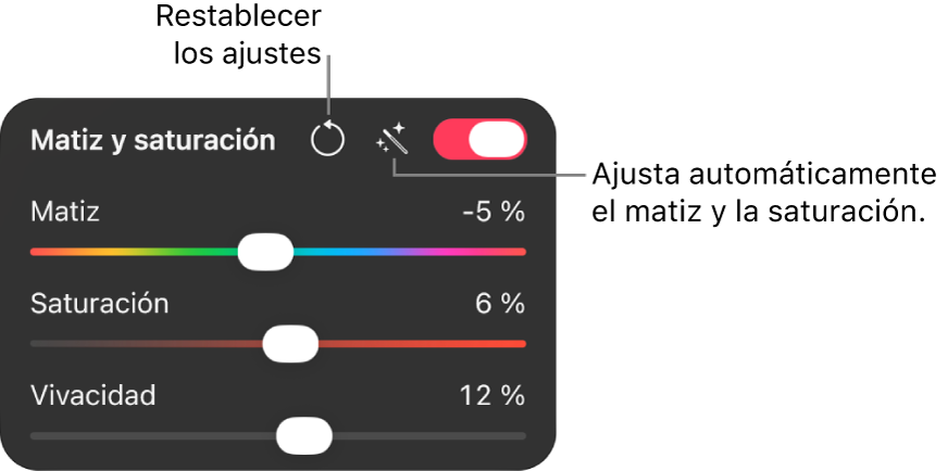 Los controles de “Matiz y saturación” en el panel Ajustes de color.