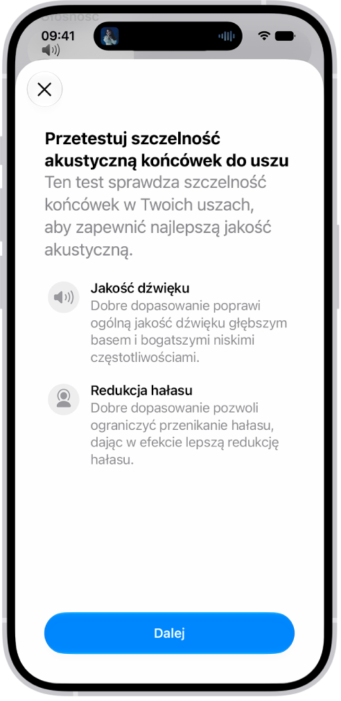 Ekran iPhone’a&nbsp;wyświetlający test mierzący szczelność akustyczną słuchawek AirPods&nbsp;Pro&nbsp;3.