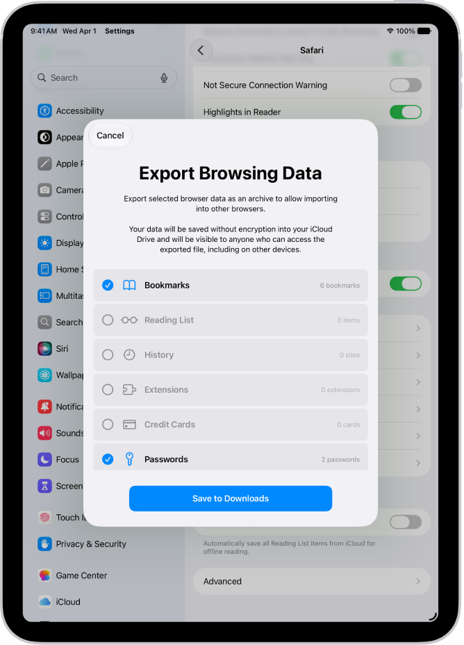 Kuva Export Browsing Data, kus on tehtud valik Passwords paroolide eksportimiseks teise paroolihaldurisse.