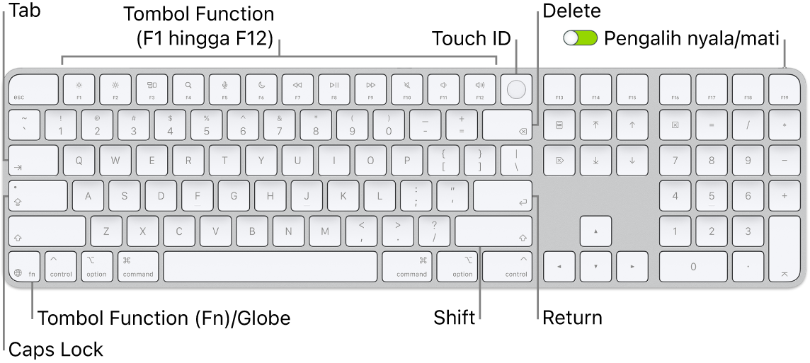 Magic Keyboard dengan Touch ID dan Keypad Numerik menampilkan baris tombol function dengan Touch ID di sepanjang bagian atas, dan tombol Function (Fn)/Globe di sebelah kanan tombol Delete.
