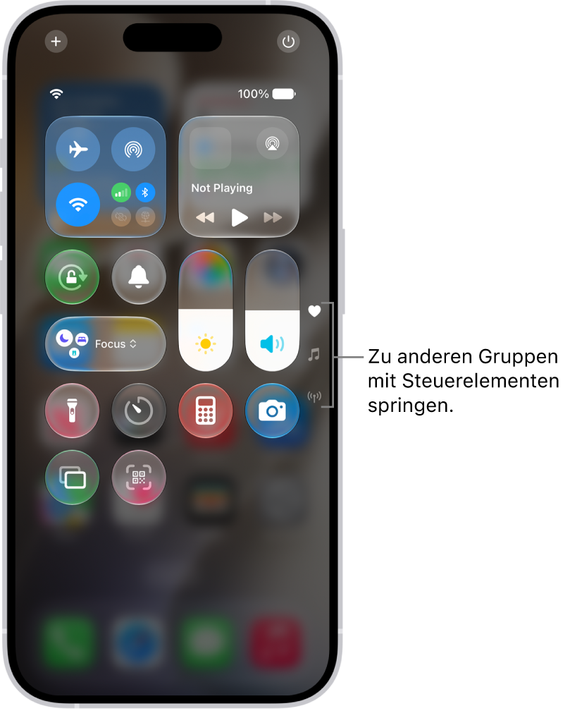 Das Kontrollzentrum wird auf dem iPhone-Bildschirm mit Symbolen auf der rechten Seite zum Anzeigen von anderen Gruppen mit Steuerelementen geöffnet.