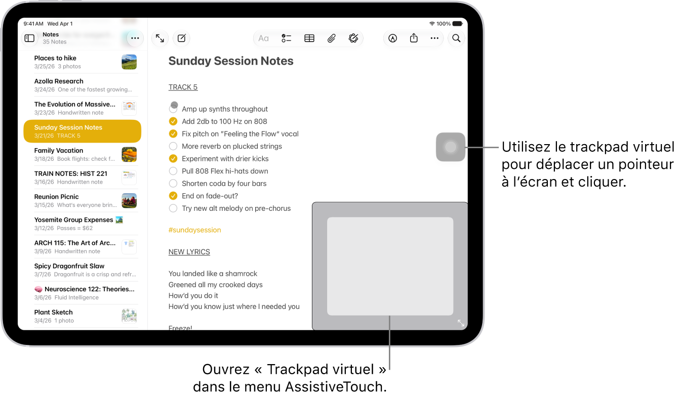Un iPad doté d’un trackpad virtuel affiché dans le coin de l’écran. Le menu AssistiveTouch (que l’on utilise pour ouvrir le trackpad) et le pointeur (qui est contrôlé par le trackpad) sont également affichés à l’écran.