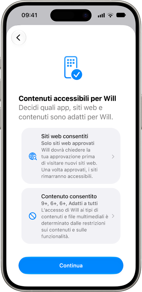 La schermata di configurazione dei controlli parentali mostra le opzioni per il tipo di contenuto che può essere visualizzato, come app e siti web.