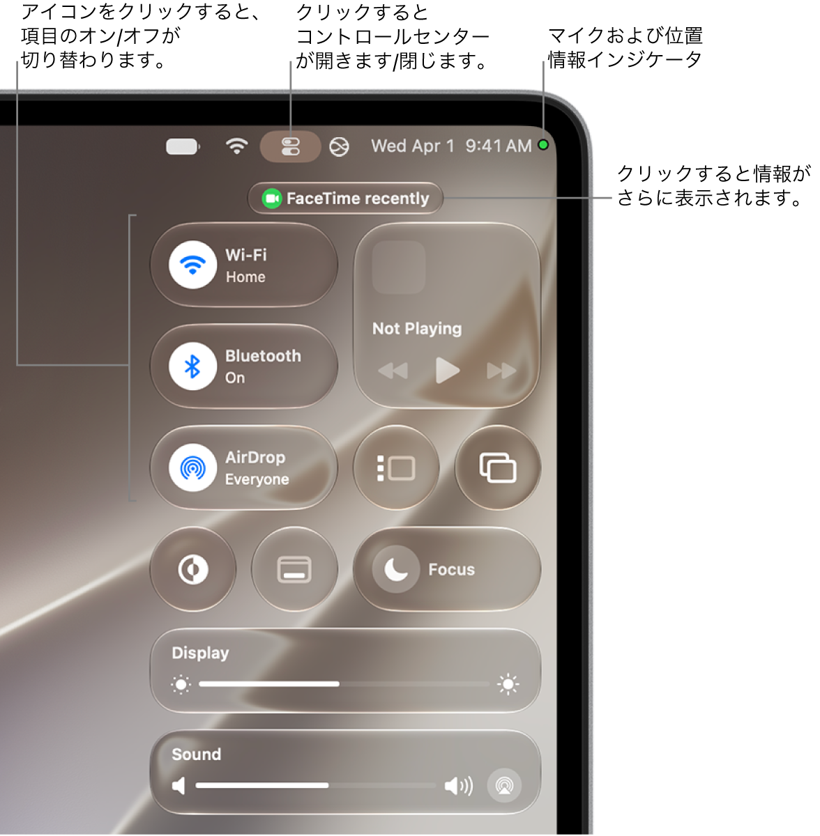 画面の右上にあるコントロールセンター。Wi-Fi、集中モード、サウンド、再生中などのコントロールが表示されています。