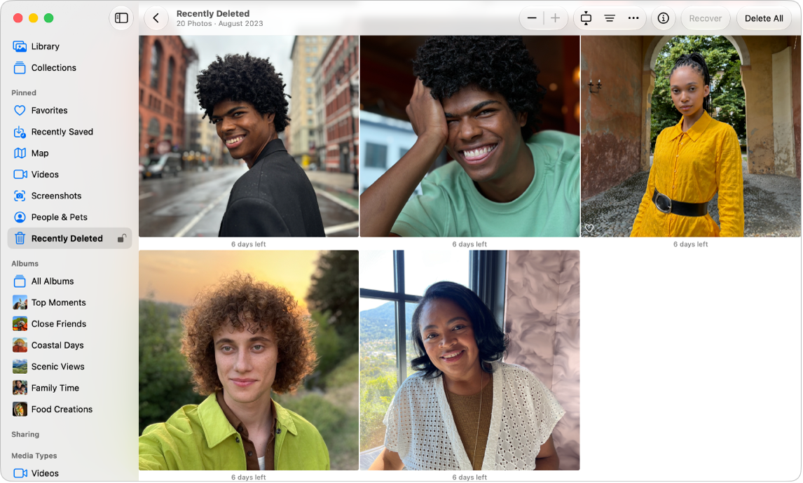 The Photos window showing Recently Deleted selected in the sidebar and recently deleted items on the right.