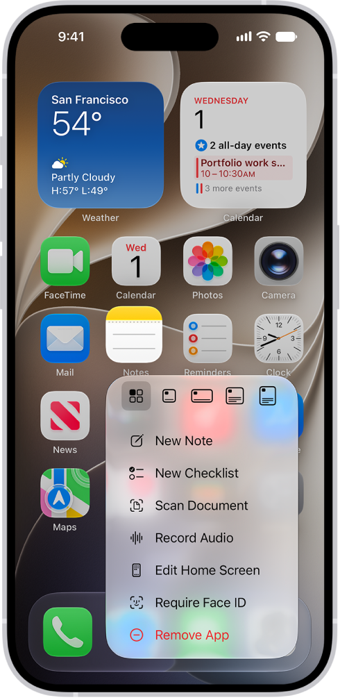 A blurred Home Screen, with the Camera Quick Actions menu showing below the Camera app icon.