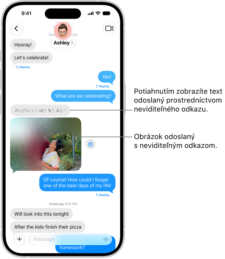 Konverzácia v&nbsp;apke Správy obsahuje textovú správu a&nbsp;fotku, ktoré boli poslané s&nbsp;efektom neviditeľného atramentu.