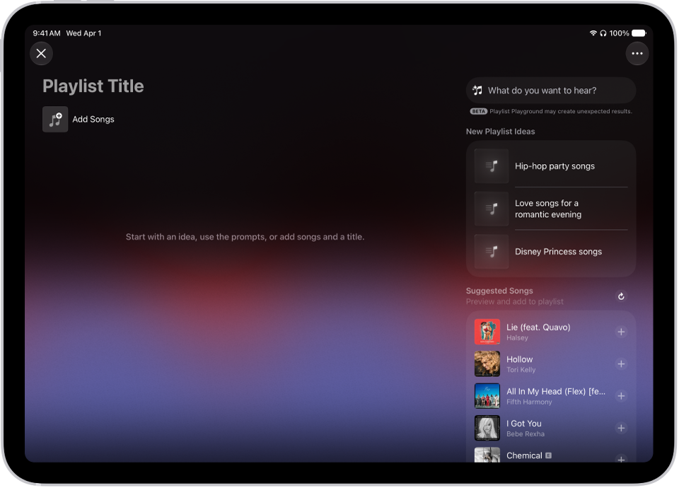 „Playlist Playground“ ist in Apple&nbsp;Music geöffnet und zeigt das Titelfeld, die Taste „Titel hinzufügen“ und ein Suchfeld mit Playlistvorschlägen darunter.