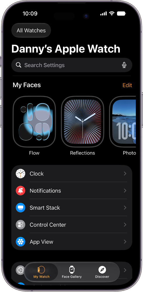 The Apple&nbsp;Watch app on iPhone open to the My Watch screen, which shows your watch faces near the top and settings below. There are three tabs at the bottom of the Apple&nbsp;Watch app screen: the left tab is My Watch, where you go for Apple&nbsp;Watch settings; next is the Face Gallery, where you can explore available watch faces and complications; then Discover, where you can learn more about Apple&nbsp;Watch.