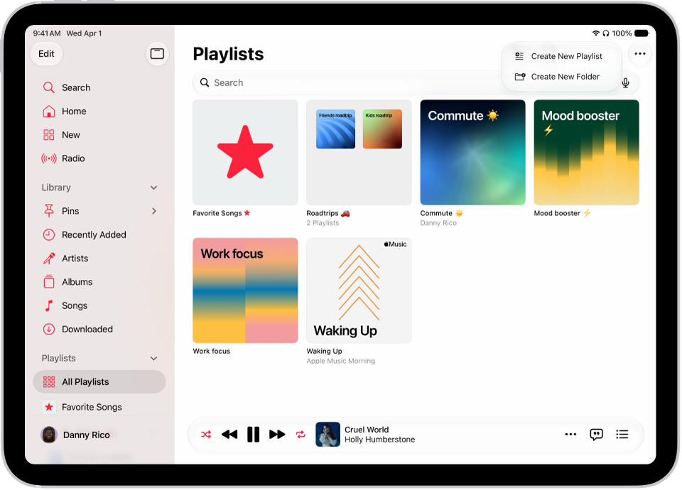 Der Tab „Playlists“ mit der Seitenleiste links und einer Liste mit Playlists rechts. Oben befinden sich Tasten zum Erstellen einer neuen Playlist oder eines neuen Ordners.