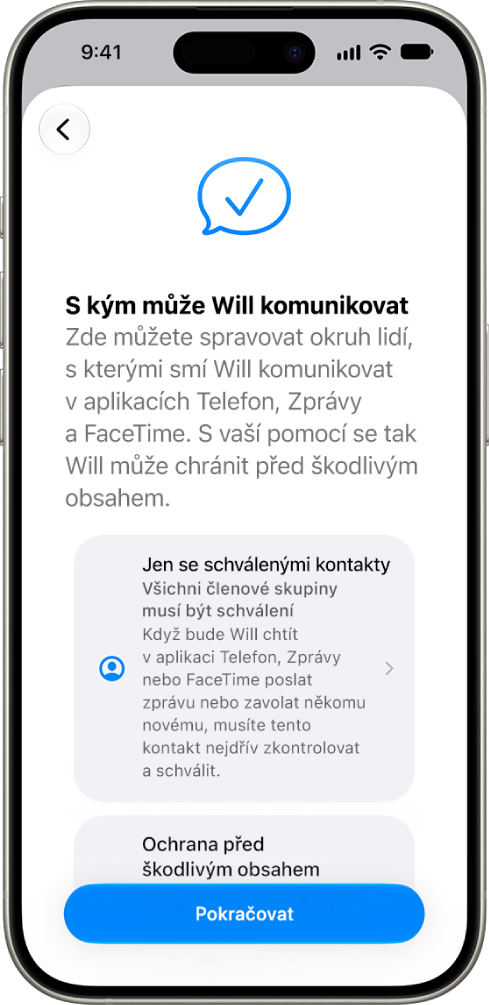 Obrazovka nastavení rodičovského dohledu s&nbsp;volbami nastavení, s&nbsp;kým smí dítě komunikovat.