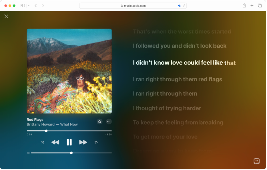 The Full-Screen Player with a song playing and lyrics on the right, which appear onscreen in time with the music.