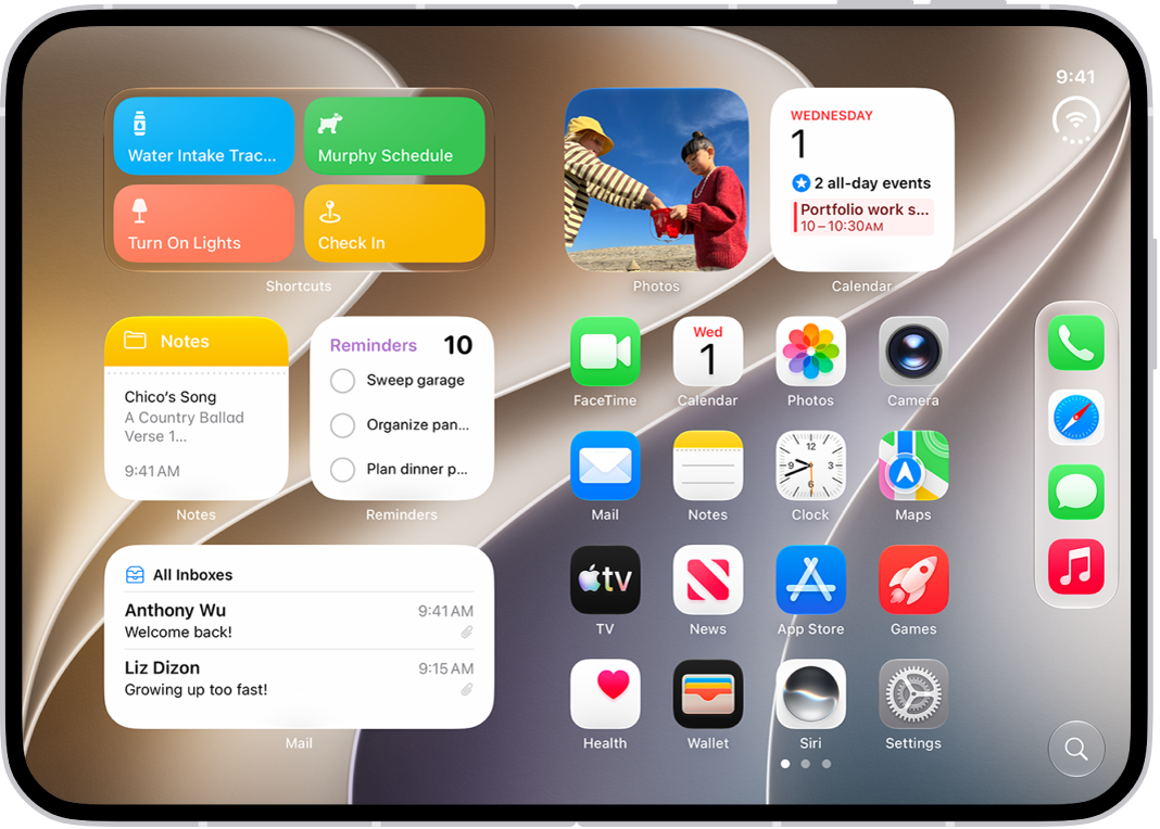 The Home Screen with several app icons, including the Settings app icon, which you can tap to change your iPhone sound volume, screen brightness, and more.
