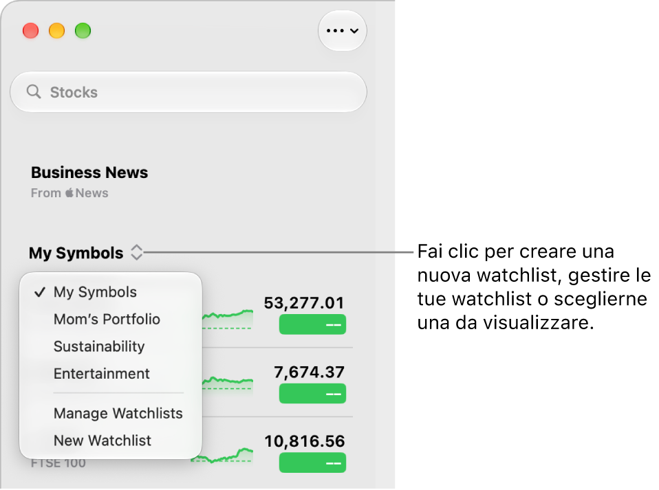 Una finestra di Borsa che mostra il campo di ricerca, il portafoglio attuale e il menu della watchlist.