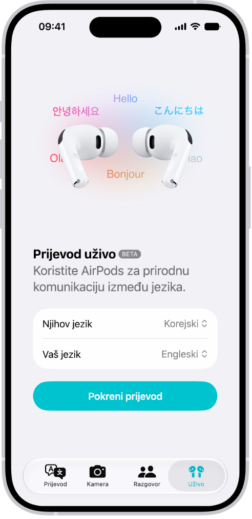Aplikacija Prijevod na iPhoneu s prikazom zaslona Prijevod uživo. Zaslon prikazuje dva skočna izbornika za odabir jezika druge osobe i vašeg jezika te tipku za pokretanje Prijevoda uživo.