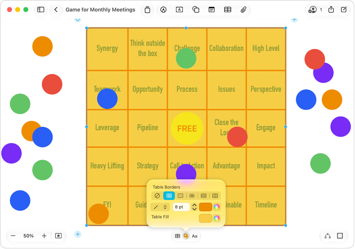 A table on a Freeform board, with its formatting tools visible and small blue dots on its edges for changing its shape.