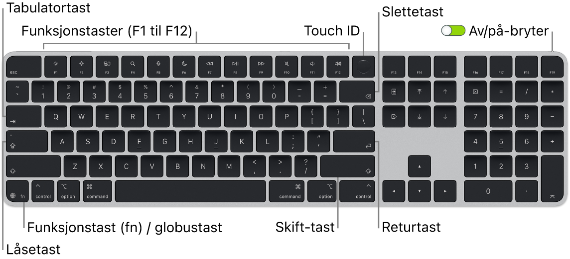 Magic Keyboard med Touch ID og talltastatur vises. Raden med funksjonstaster og Touch ID er øverst og funksjonstasten (Fn) / globustasten er nederst til venstre.