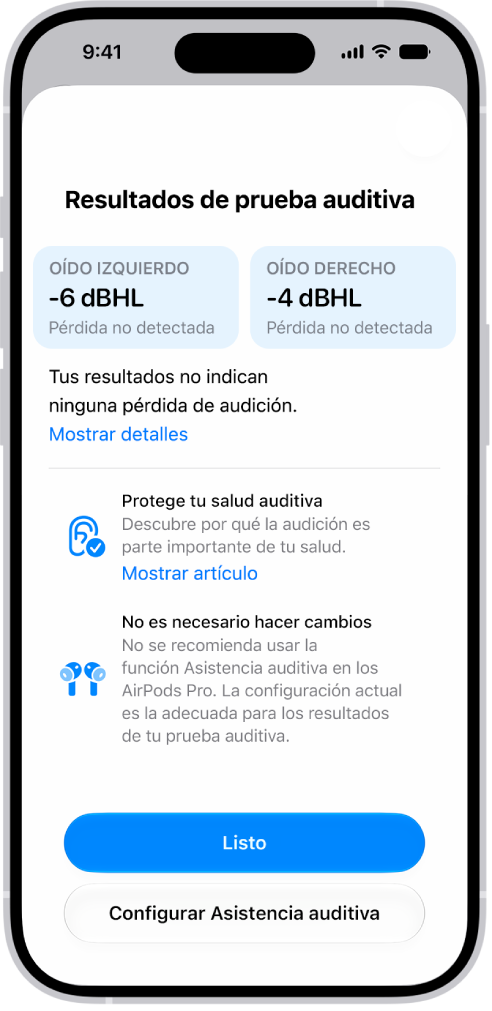 Resultados de la prueba auditiva en el iPhone, que muestran una pérdida auditiva escasa o nula en ambos oídos. En la parte inferior se muestran opciones para tocar Listo o Configurar asistencia auditiva.