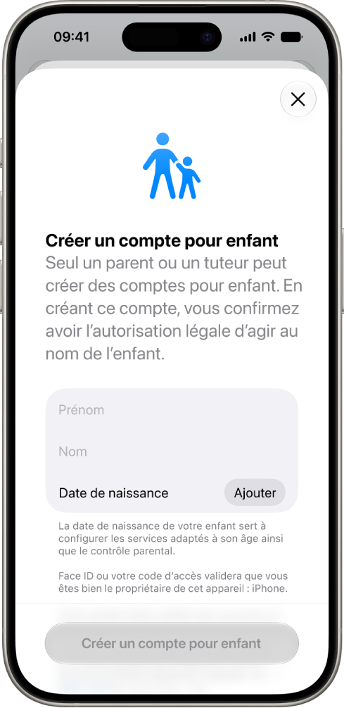 L’écran «&nbsp;Créer un compte Enfant&nbsp;» sur l’iPhone.