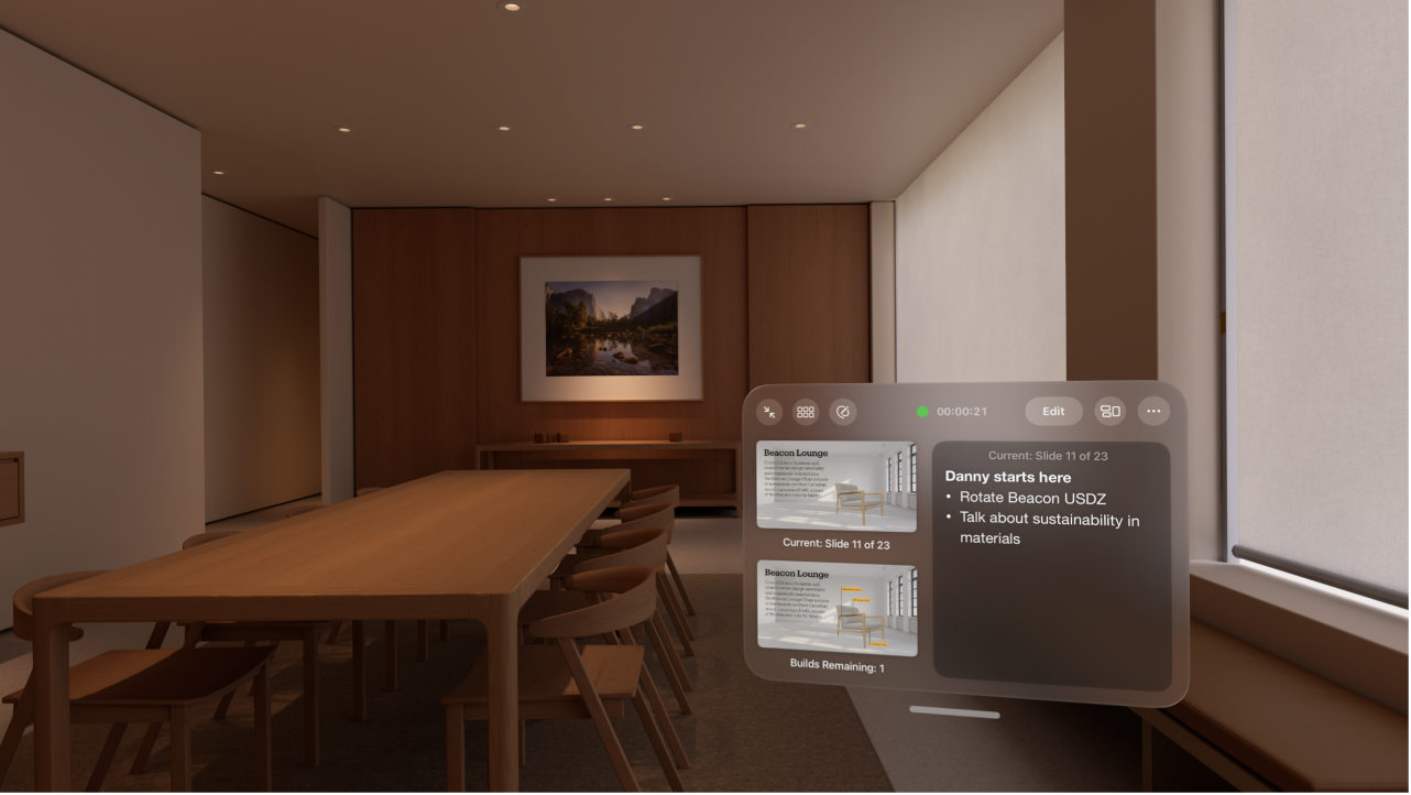 The Keynote app on Apple&nbsp;Vision&nbsp;Pro, with the Conference Room Environment showing and the presenter display visible.