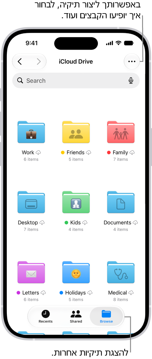 היישום ״קבצים״ מציג את הקבצים והתיקיות ב‑iCloud Drive. התפריט ״עוד״ כולל אפשרויות לבחירת פריטים, ליצירת תיקיה חדשה, לסריקת מסמכים״ ולהתחברות לשרת. מתחת לזה מופיעים אפשרויות להצגת פריטים במסך כאייקונים או כרשימה. בתחתית המסך רואים את אפשרויות המיון לפי ״שם״, ״סוג״, ״תאריך״, ״גודל״ ו״תגיות״ ואחריהם ״הצגת אפשרויות״.