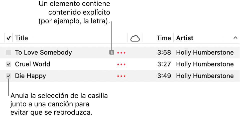 Detalle de la lista de canciones en Música, con las casillas a la izquierda y el símbolo de contenido explícito para la primera canción (que indica que su contenido es explícito, por ejemplo, la letra). Anula la selección junto a una canción para evitar que se reproduzca.