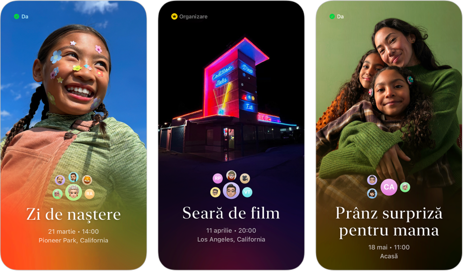 Trei invitații de la Invitații Apple. Fiecare are o poză de fundal, un nume, o dată, o oră și un loc.