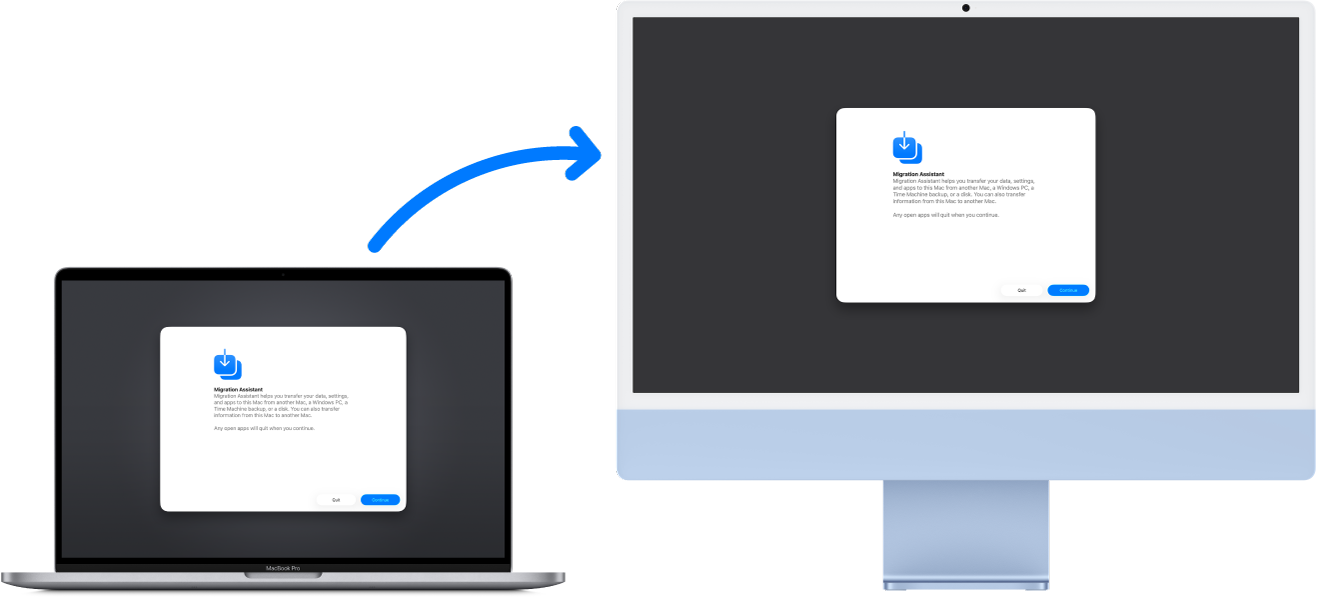 MacBook Pro и iMac, които показват екрана на Migration Assistant (Помощник за мигриране). Стрелка, която сочи от iMac към MacBook Pro и показва посоката на прехвърляне на данните от единия към другия компютър.