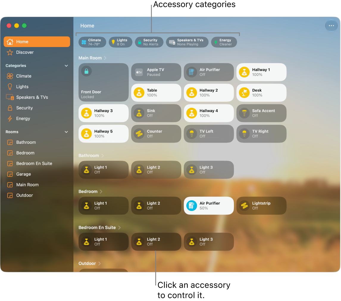 The Home screen displaying accessory categories along the top, followed by camera feeds, scene tiles, and accessory tiles in the room “Entry.”