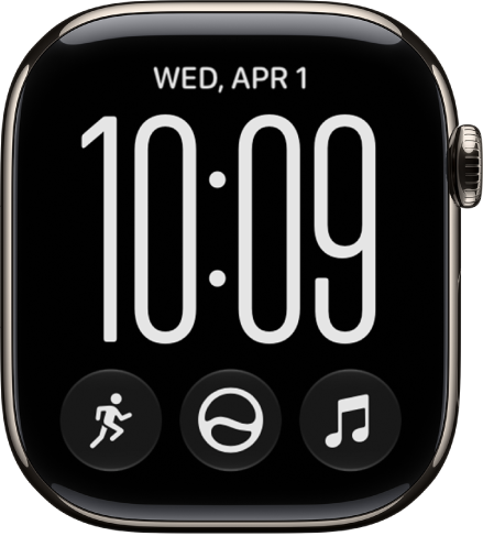 The Siri Modular watch face. The date appears at the top of the screen, followed by the time. Workout, Siri, and Music complications appear at the bottom of the screen.