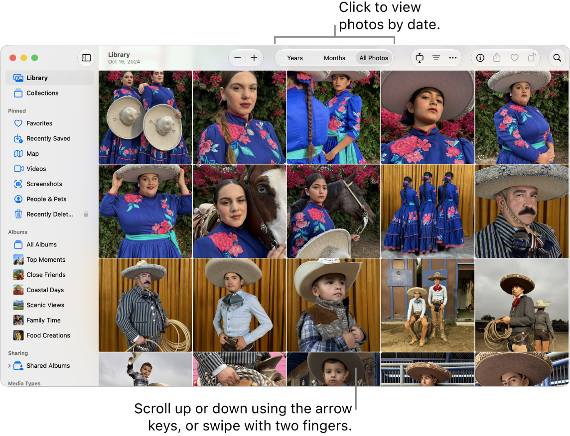 The Photos window showing All Photos selected in the toolbar and photos organized by date appearing in the main area of the window.