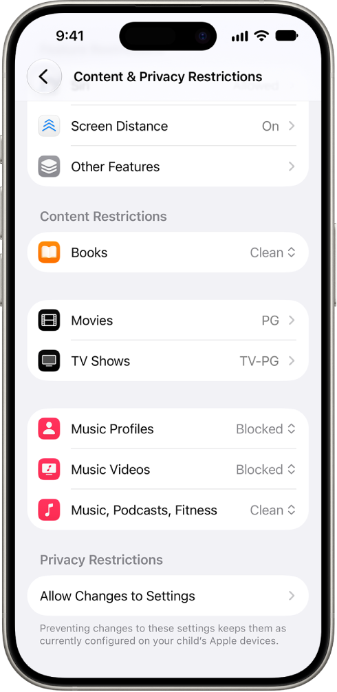 The Content and Privacy Restrictions screen in Screen Time settings, showing options for content restrictions in places like Books, Movies, and more.