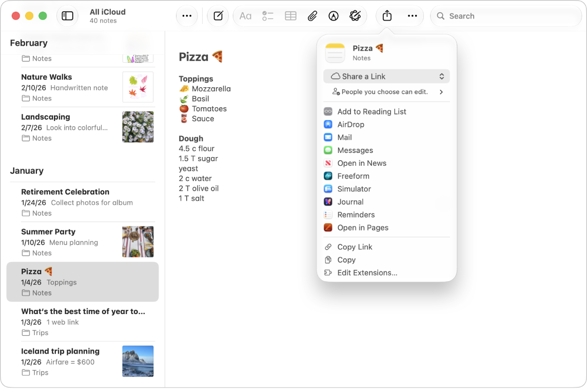 A Notes app window on Mac showing a list of notes and the Share menu for an opened note. Options include link sharing, Add to Reading List, AirDrop, and various apps, such as Mail, Messages, and Freeform. There are also options to copy the link, copy the note, or edit extensions.