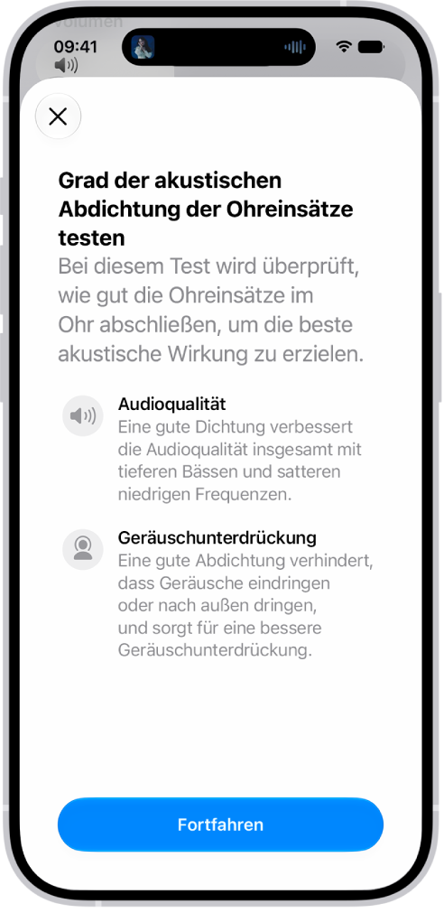 Ein iPhone-Bildschirm zeigt einen Test zum Messen der akustischen Abdichtung der AirPods&nbsp;Pro&nbsp;3.