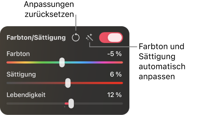 Die Steuerelemente für „Farbton/Sättigung“ im Bereich „Farbanpassungen“.