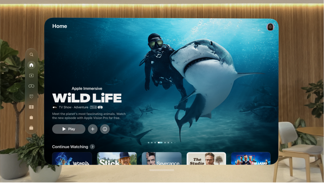 The Apple TV app on Apple&nbsp;Vision&nbsp;Pro, showing the Home tab. There are several shows visible to choose from.