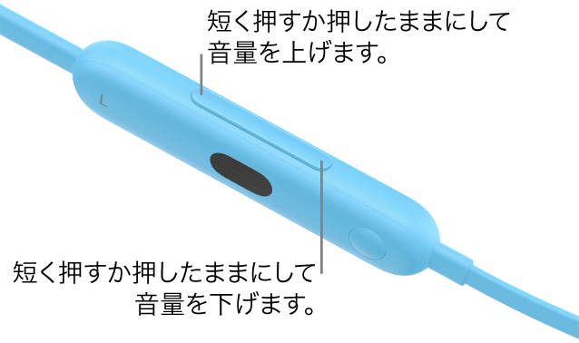 Beats&nbsp;Flexの左のコントロールモジュールの画像。音量ボタンが示されています。