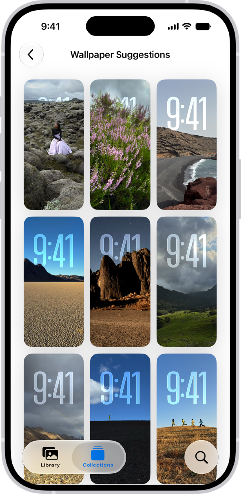 Des suggestions de fond d’écran sont ouvertes dans l’app Photos. Des combinaisons de photos générées automatiquement, des effets de filtre et des polices pour l’heure sont affichés dans une grille de suggestions.