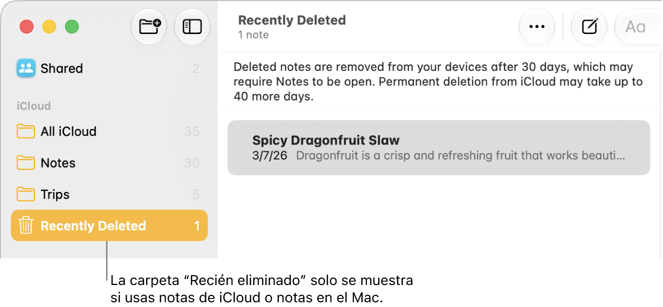 La ventana de Notas con la carpeta Eliminadas en la barra lateral y una nota eliminada recientemente. Sólo se muestra la carpeta Eliminadas si usas notas en iCloud o notas en tu Mac.
