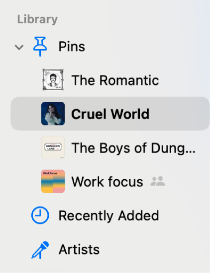 The Music sidebar showing pins (such as an album and a playlist) below Library.