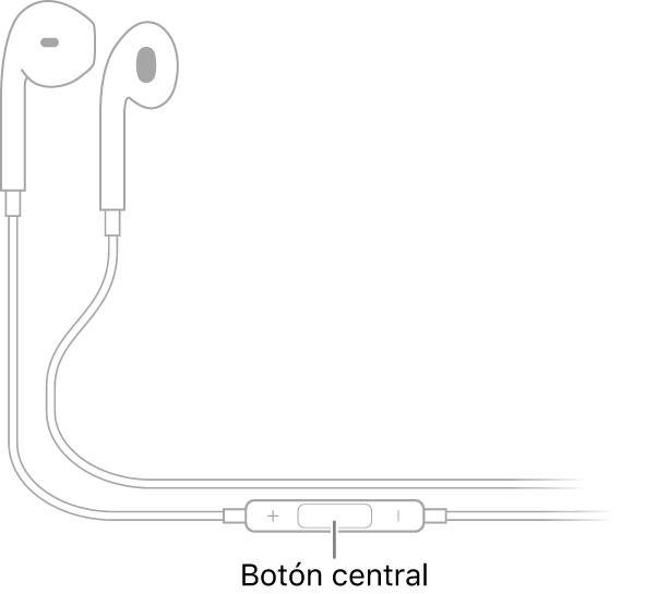 EarPods de Apple; el botón central está ubicado en el cordón que lleva al audífono derecho.