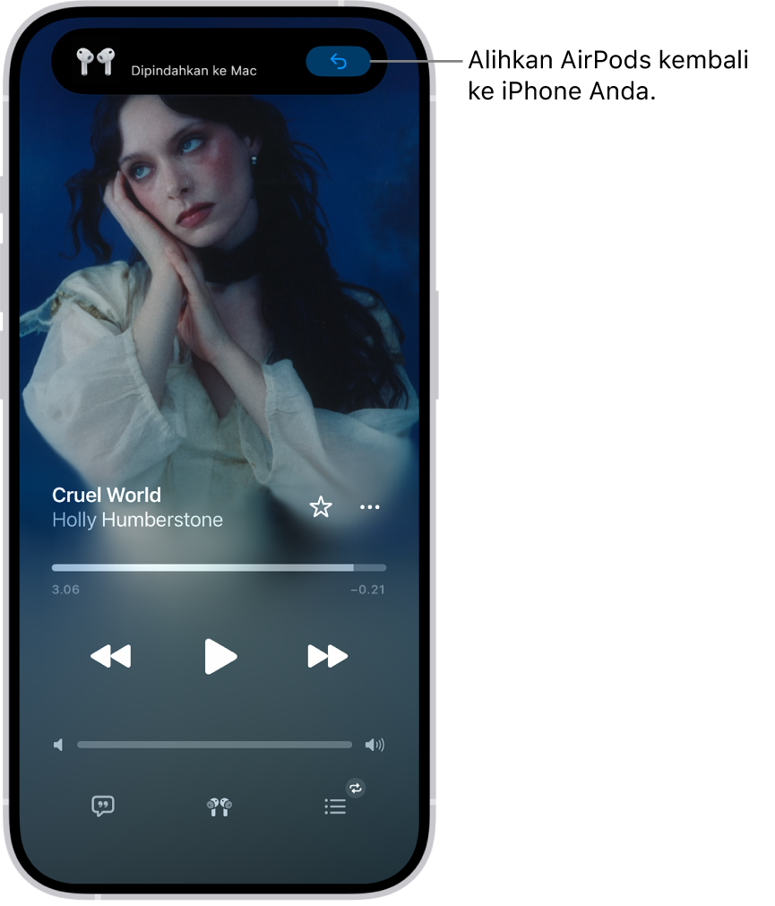 Layar Terkunci di iPhone dengan pesan di bagian atas yang bertuliskan “Dipindahkan ke Mac” dan tombol untuk mengalihkan AirPods kembali ke iPhone.