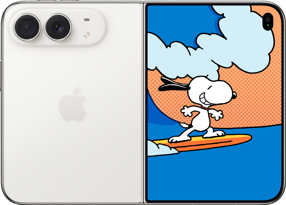 L’iPhone&nbsp;Duo avec les caméras arrière dirigées vers un sujet et une animation affichée sur l’écran externe pour attirer son regard sur la caméra.