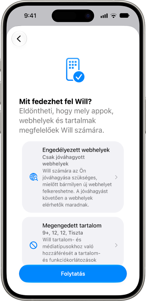 A szülői felügyelet beállítása képernyő, amely megjeleníti az elérhető tartalmak típusára vonatkozó lehetőségeket (például appok és webhelyek).