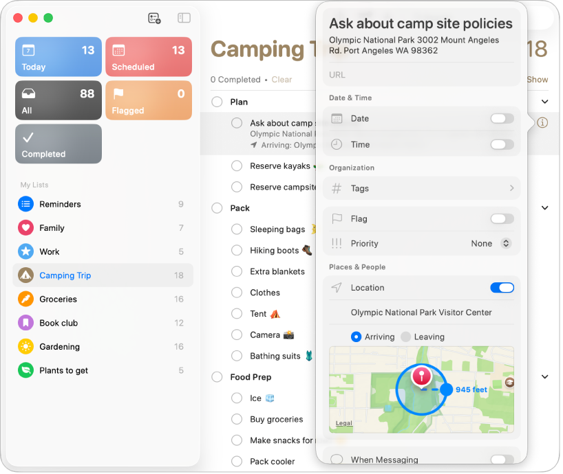 A Reminders app window and a list called Camping Trip items, showing the details of a reminder to ask about camp site policies.