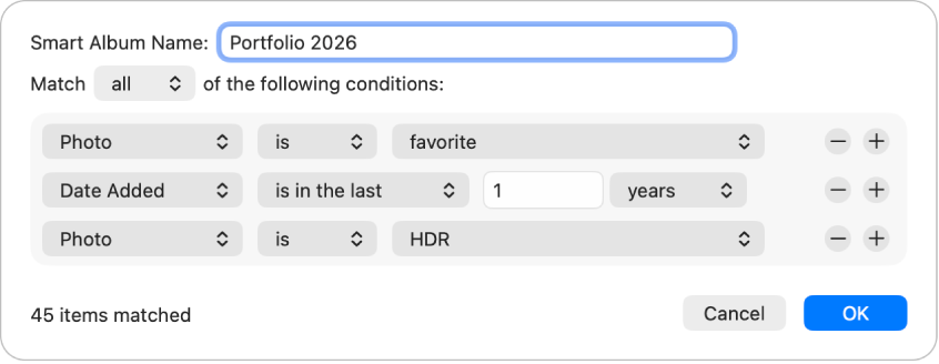 A dialog showing criteria for a Smart Album that collects portrait photos that have been marked as favorites.